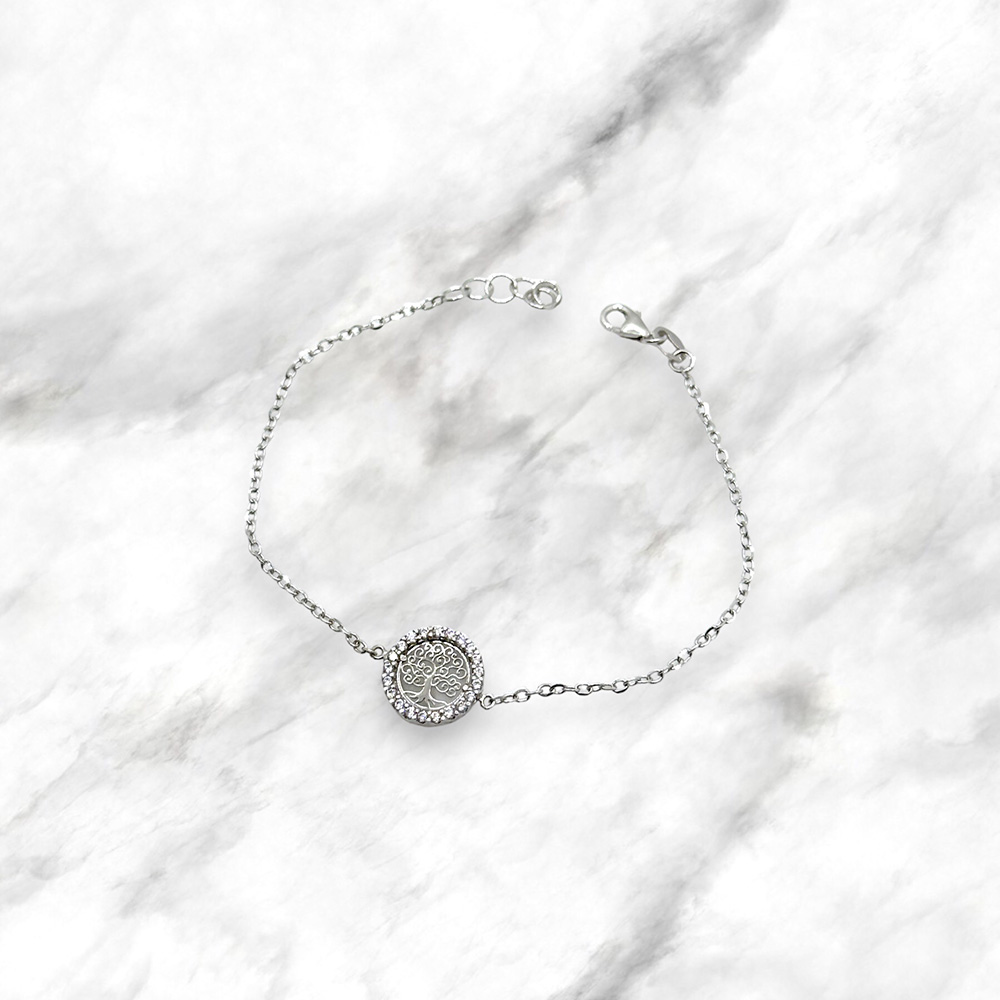 Bracciale oro bianco con albero della vita e cubic zirconia