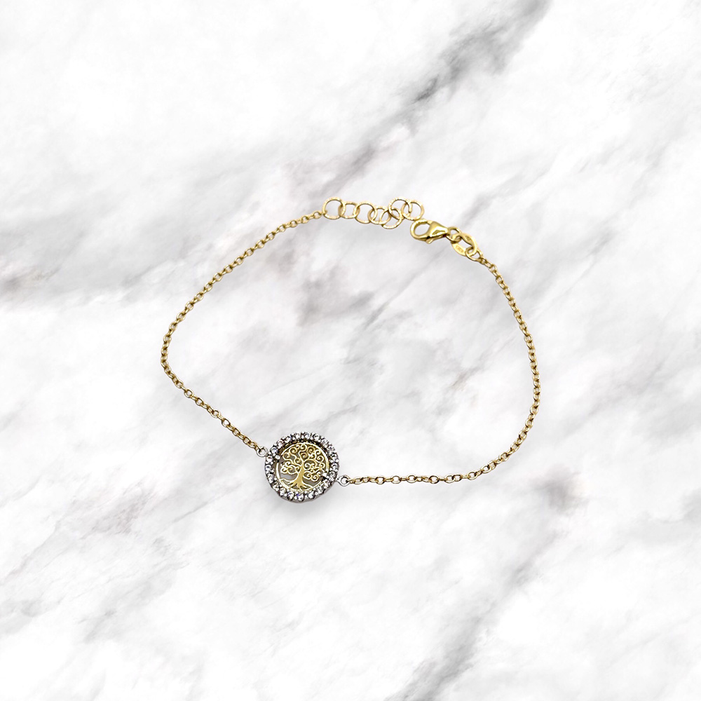 Bracciale oro giallo con albero della vita e cubic zirconia