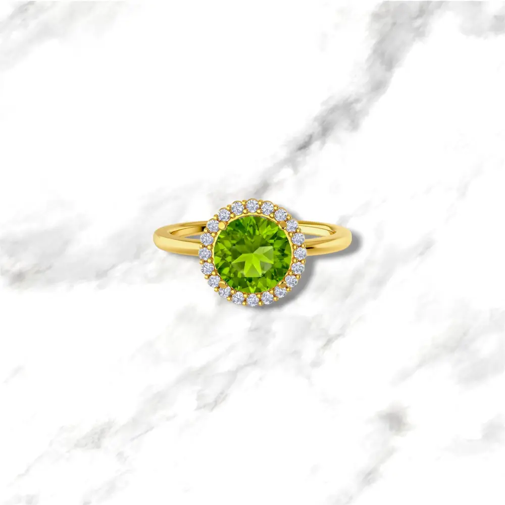 Anello in oro giallo 9kt con peridoto e giro di diamanti